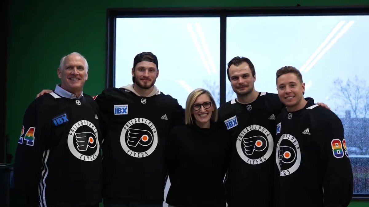 Ahead of our Flyers annual Pride Game, Dan Hilferty, Scott Laughton, @CamAtkinson89 & Joel Farabee, visited Mazzoni Center, Philly’s premier LGBTQ health and wellness center, to take a tour and make a total $35,000 donation for their efforts. #LetsGoFlyers | Flyers Charities & Community