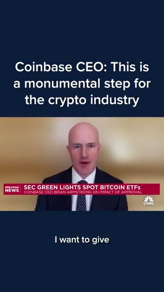 "This is a monumental step for the crypto industry and for Coinbase, too," Coinbase CEO Brian Armstrong tells Andrew Ross Sorkin in a first on CNBC interview following the SEC's decision on bitcoin ETFs.
