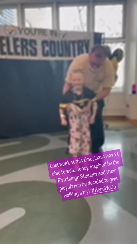 Last week at this time, Isaac wasn’t able to walk. Today, inspired by the Pittsburgh Steelers and their playoff run he decided to give walking a try! Taking his first steps at our Pittsburgh Steelers pep rally, Isaac hopes one day we’ll be cheering for him in Black and Gold! #HereWeGo