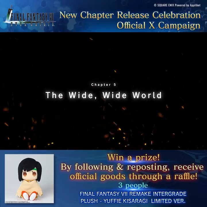 New Chapter Release! Follow and repost for a chance to win a #Yuffie plushie in our lottery! After following & reposting, check the results from the URL below! ▼Check the results here Deadline: Jan. 18 6:59 AM PST #FF7EC #FF7EverCrisis #FF7