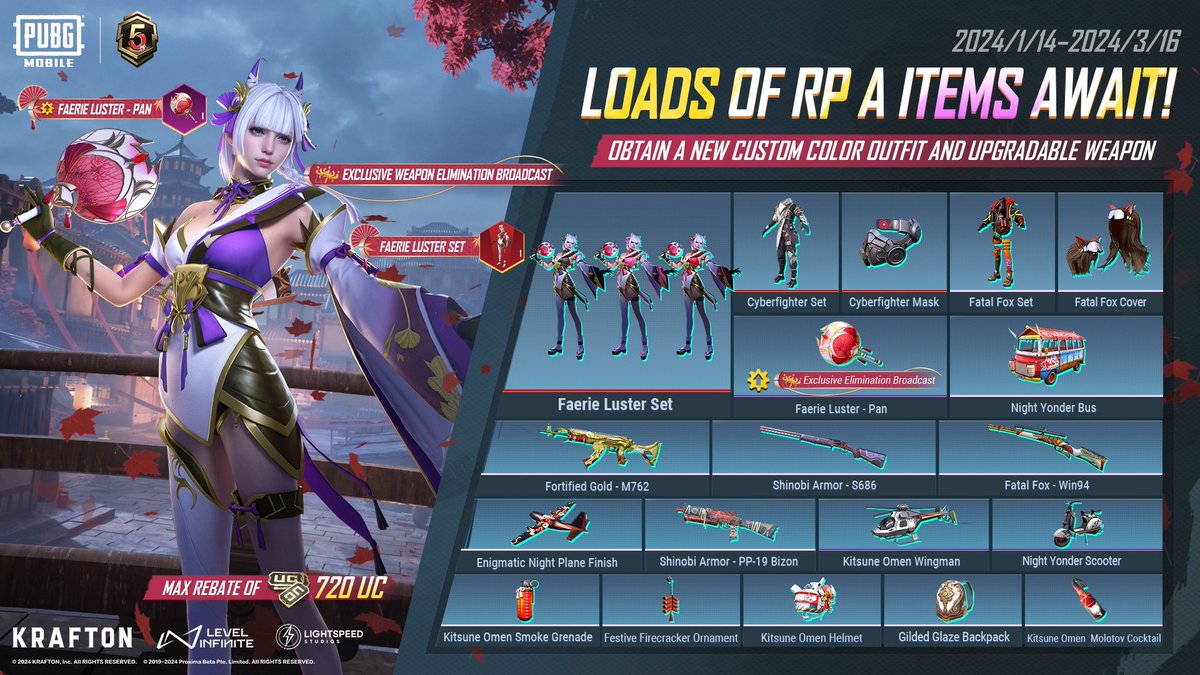 RP A5 extravaganza awaits! Snatch the custom color 🧚♀️Faerie Luster Set with an upgradable pan, a max rebate of 720 UC, & a bounty of other awesome rewards! 🎁 📲 #PUBGMOBILE #PUBGMRPA5 #PUBGMOBILEC5S15