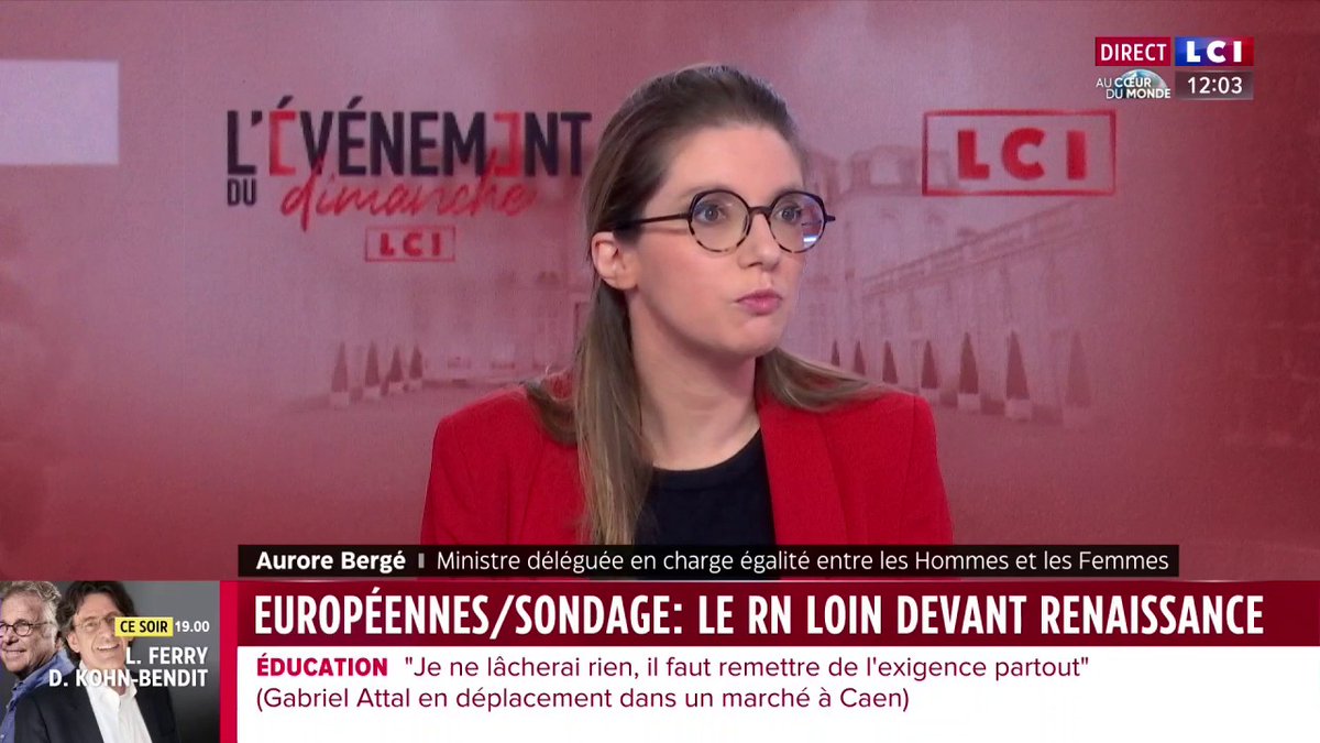 🗣️ "Est-ce qu'on veut une vague brune qui submerge l'Union européenne ?" questionne Aurore Bergé au sujet de la liste du RN menée par Jordan Bardella aux prochaines élections européennes