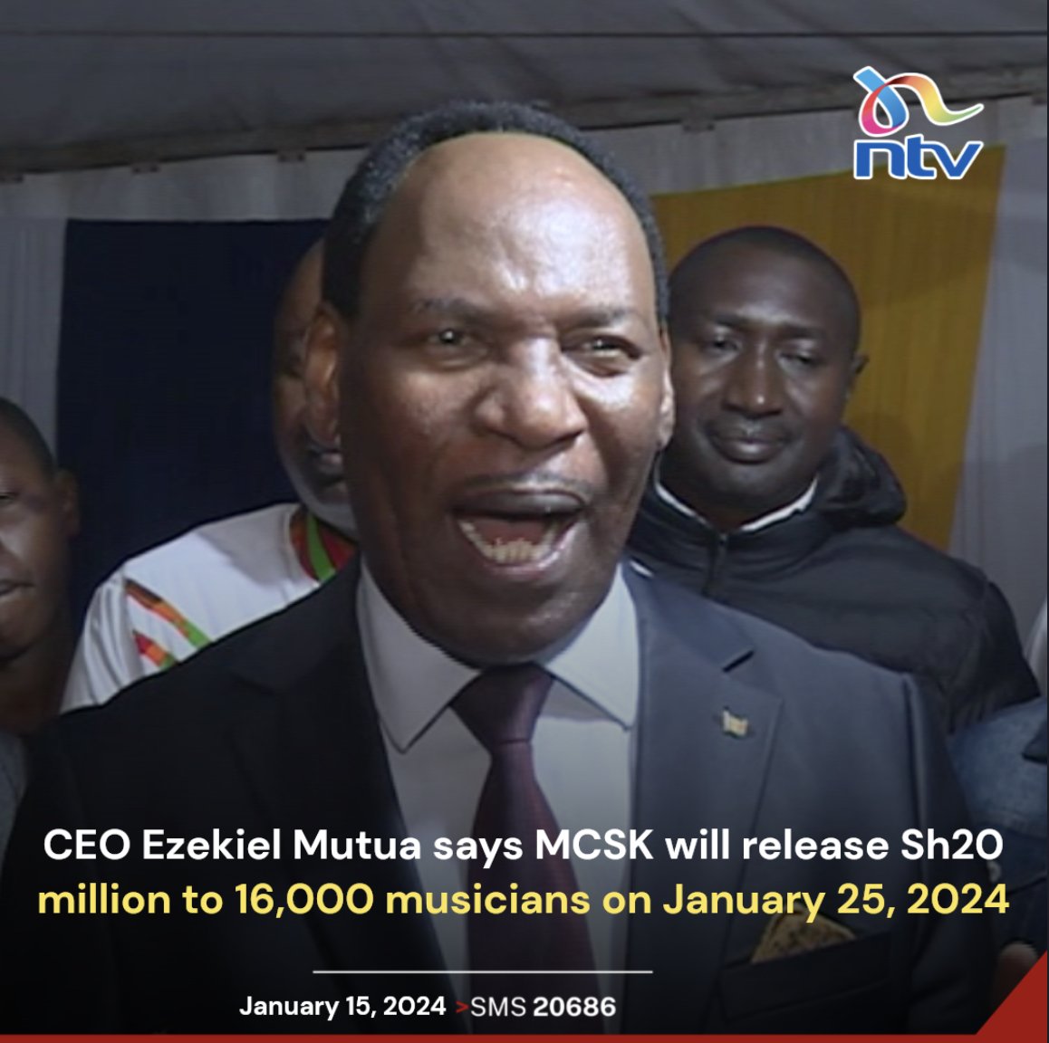 MCSK CEO Ezekiel Mutua says the society will release Sh20 million to 16,000 musicians on January 25