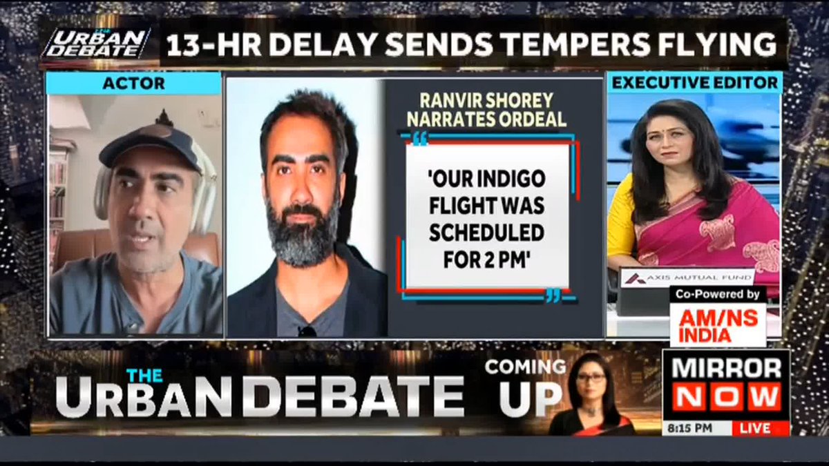 Actor Ranvir Shorey, victim of IndiGo #flightdelay, narrates the harrowing experience. The truth was #Indigo didn't have a pilot: #RanvirShorey slams the airline over 8-hour flight delay He demands MoCA_GoI to address the issue #TheUrbanDebate Shreya Dhoundial
