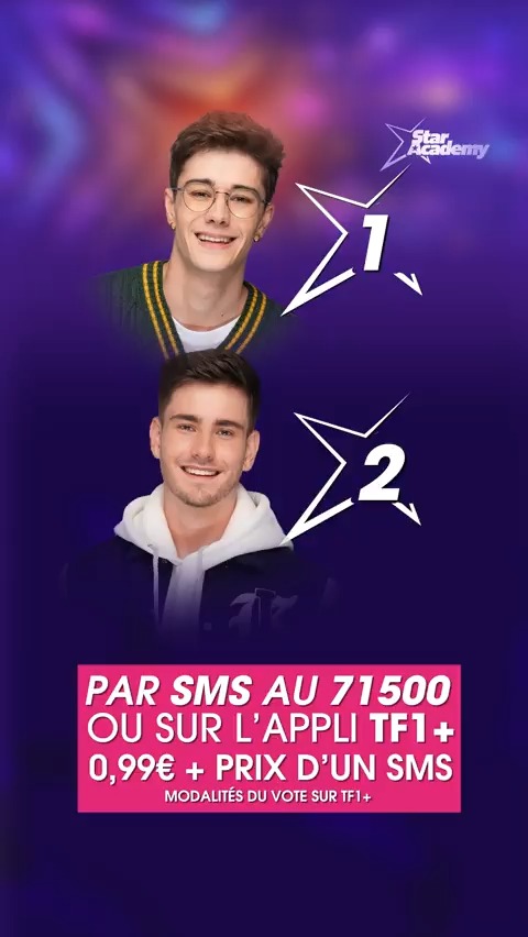 Qui de Axel ou Julien sera le premier finaliste de la #StarAcademy2023 ? Les votes de la première demi-finale sont ouverts ! TF1 👉Pour Axel, envoyez 1️⃣ 👉Pour Julien, envoyez 2️⃣ ⏳ par sms au 71 500 (0.99€+PRIX SMS) ou sur l’application TF1plus modalités du vote sur TF1+