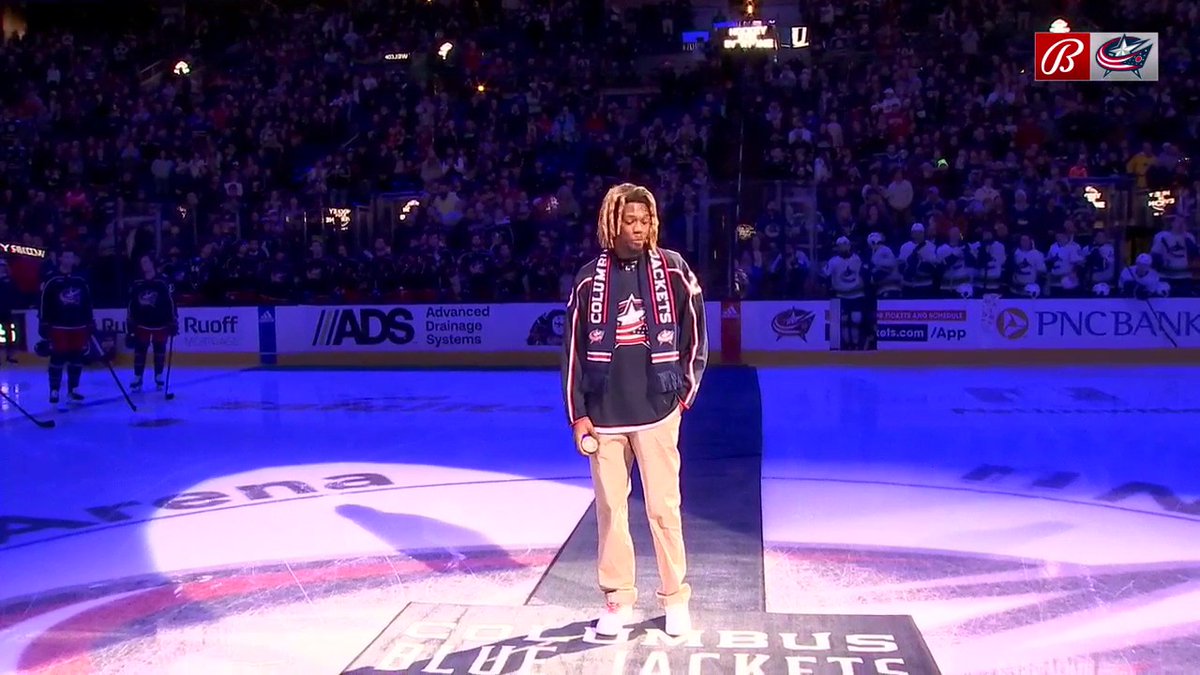 Ayo Adeniye had the ceremonial puck drop today! He is a Columbus-born player on the Adrian College Men’s Hockey Team that won the NCAA Division III Championship in 2022. He learned to play hockey through the Columbus Ice Hockey Club. (CIHC) #CBJ | Adrian College Hockey