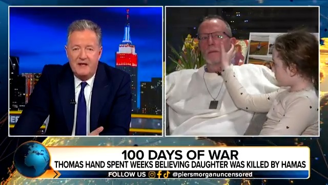 Emily Hand, 9, wipes away her father's tears as he finds out one of the Hamas hostages who was held captive alongside her has been killed. Watch more of Piers Morgan's powerful interview with Thomas Hand at 8pm (UK): Piers Morgan | Talk | #PMU