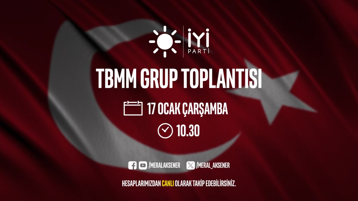 Vatanımızın asıl sahibi aziz milletimiz için hiç durmadan çalışmaya devam ediyoruz! 🗓️ 17 Ocak Çarşamba (yarın) 🕥 10:30'da 📍 TBMM grup toplantımızda yol haritamızı ve İYİ Belediyecilik vizyonumuzu anlatıyoruz...