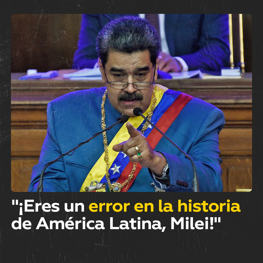 “¡Eres un error en la historia de América Latina, Milei!” El presidente de Venezuela, Nicolás Maduro, envió un duro mensaje al mandatario ultraderechista de Argentina, Javier Milei, a quien considero como “un error fatal” para la historia de ese país