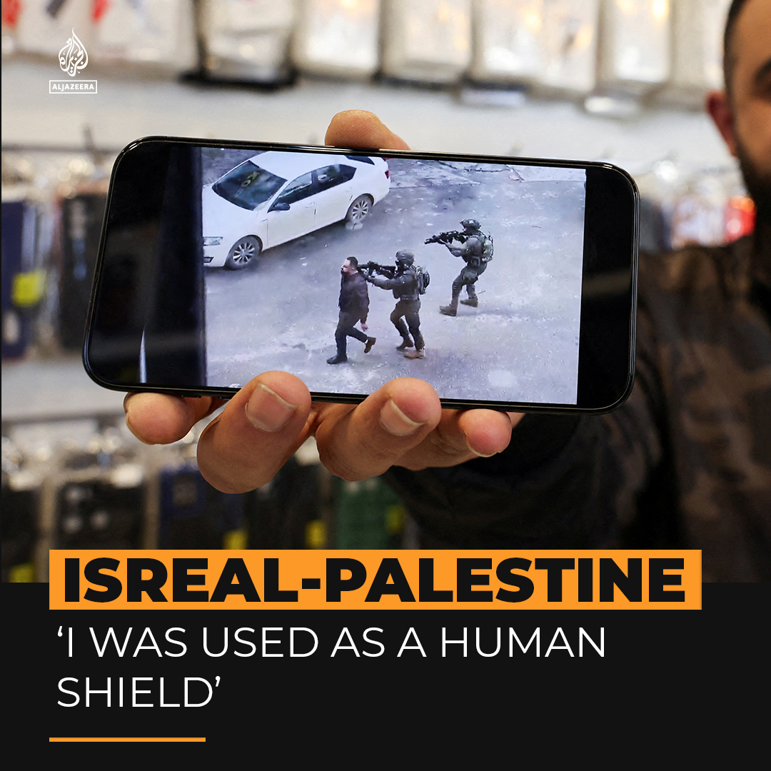 A Palestinian shop-owner in the occupied West Bank was used as a human shield by Israeli forces after they raided his mobile phone store ⤵️