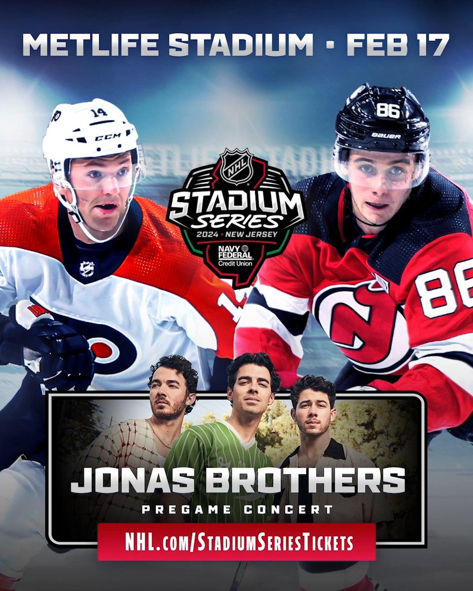 The @JonasBrothers will be performing live before and during the #StadiumSeries game on Feb. 17! 🎶 Get your tickets now ➡️