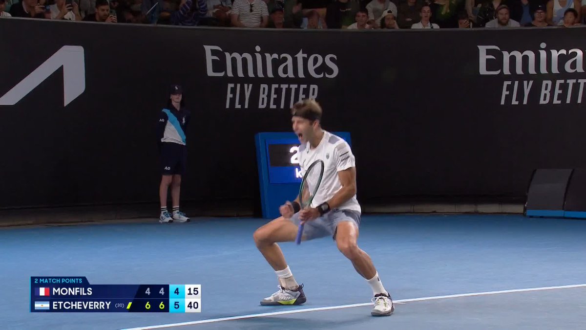 Etche-very pumped up! The Argentine accounts for Gael Monfils 6-4 6-4 6-4. Tomás Etcheverry • #AusOpen • #AO2024