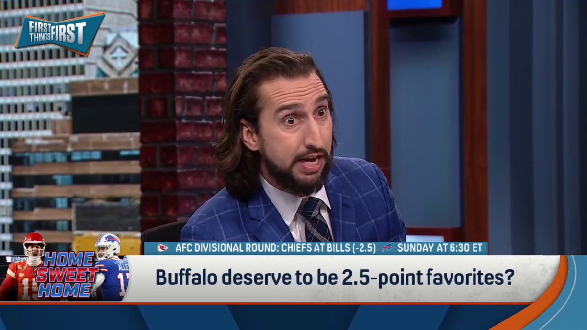 "The Bills exist in a world where THEIR 11-6 season & division championship is something to be feared, while their opponents, the Chiefs, 11-6 season & division championship is a bit of a failure." — nick wright on if the Bills deserve to be 2.5-point favorites: