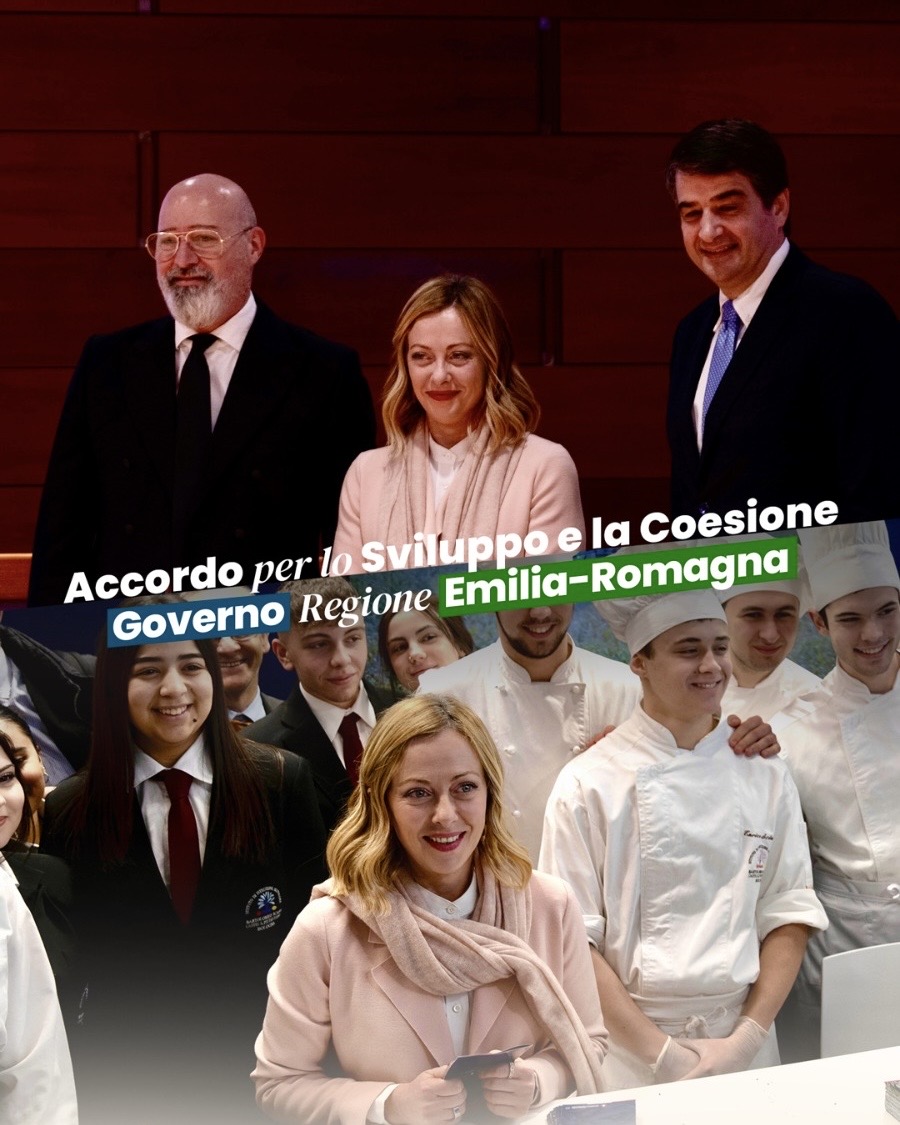 Accordo per lo Sviluppo e la Coesione tra Governo italiano e Regione Emilia-Romagna: stanziati 687 milioni di euro complessivi, risorse importanti che vengono concentrate su obiettivi strategici come sviluppo, crescita, infrastrutture e futuro. La Regione Emilia-Romagna è la settima Regione a firmare con il Governo l'Accordo di coesione, ma noi arriveremo in tutte le Regioni italiane.