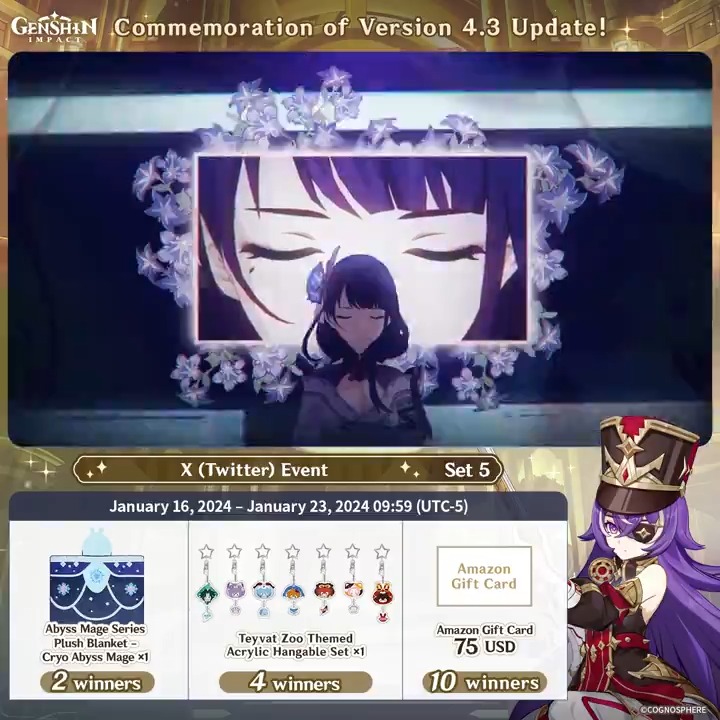 ✨Day 4✨ Commemoration of Version 4.3 Update! #GenshinImpact X (Twitter) Event - Set 5 How to Participate: ① Follow Genshin Impact ② Retweet this post And you can instantly receive the event results! Event Rules: #FollowGenshinImpact