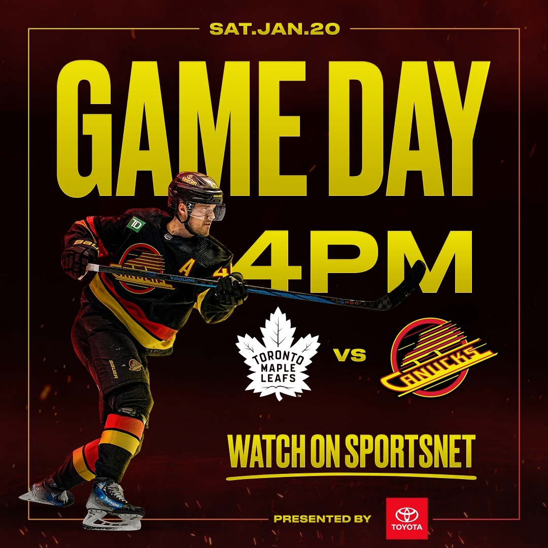 Canucks vs. Leafs on Hockey Night in Canada! 🍁 🆚 Toronto Maple Leafs ⏰ 4:00 PM PT 📍 Vancouver, BC 📺 Sportsnet 📻 Sportsnet 650 🎟 Presented by Toyota Pacific GAME NOTES |