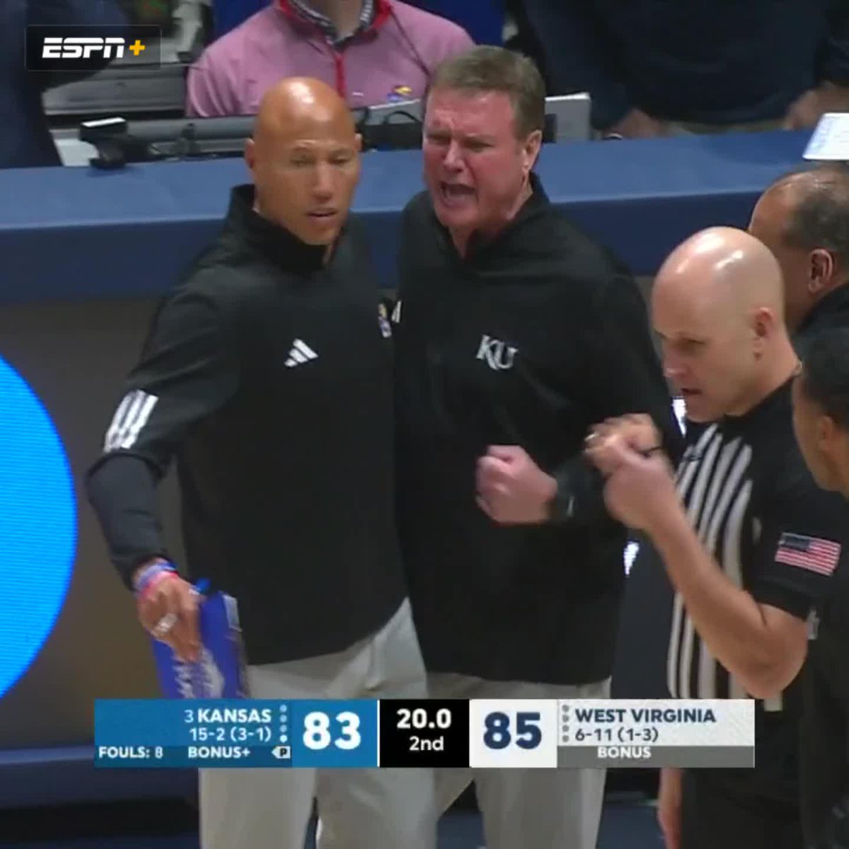 Kansas head coach Bill Self was not happy after a foul was called on this play.