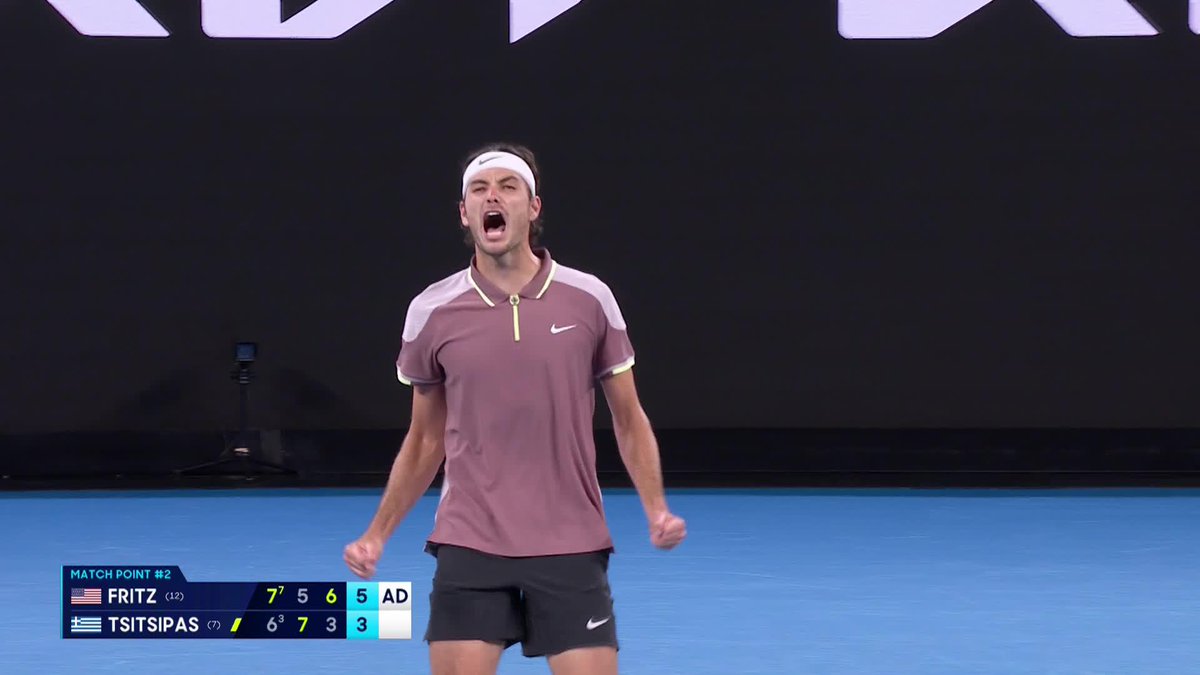 These two saved the best for last! Taylor Fritz breaks Stefanos Tsitsipas in a frantic, fantastic final game to take the match 7-6(3) 5-7 6-3 6-3. It's the American's first win over a top 10 player at a Grand Slam! #AusOpen • Wide World of Sports • ESPN • @eurosport • WOWOWテニス