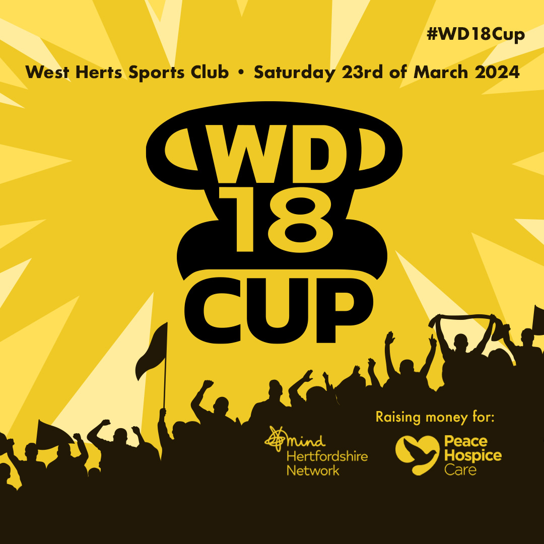 WD18 Special Announcement. 📢 We're buzzing to announce we'll be hosting our first charity football event raising money for the Peace Hospice Care and Hertfordshire Mind Network. We want as many #WatfordFC fans to get involved so watch below for all details. All RTs are appreciated. 💛 #WD18Cup