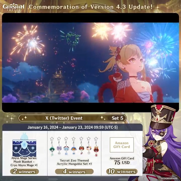 ✨Day 6✨ Commemoration of Version 4.3 Update! #GenshinImpact X (Twitter) Event - Set 5 How to Participate: ① Follow Genshin Impact ② Retweet this post And you can instantly receive the event results! Event Rules: #FollowGenshinImpact