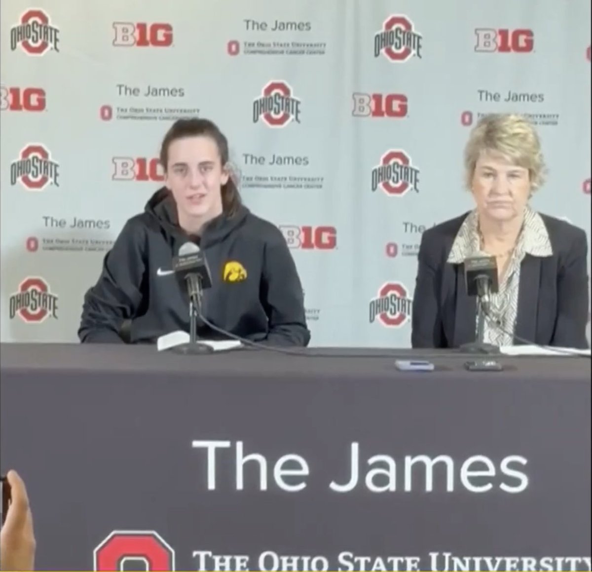 During her media availability, Caitlin Clark discussed being run into by a fan who was storming the court at Ohio State.