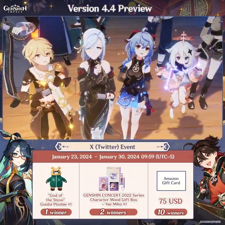 ✨Day 1✨ Version 4.4 Preview #GenshinImpact X (Twitter) Event How to Participate: ① Follow Genshin Impact ② Retweet this post And you can instantly check the event results via this link>>> #FollowGenshinImpact