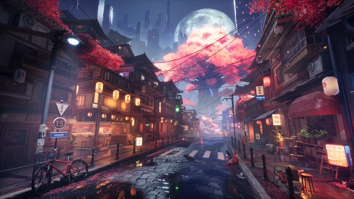 The Sacred was created in 30 days by Level Artist Cui Xiaoyu! Gaze upon this beautiful evening street scene watched over by a great blossoming tree 🌸