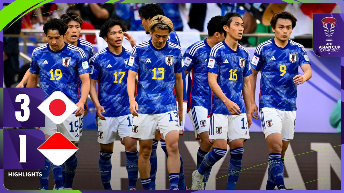 🎥 HIGHLIGHTS | 🇯🇵 Japan 3️⃣-1️⃣ Indonesia 🇮🇩 🎌 Ayase Ueda scored in each half as the four-time champions confirmed their place in the last 16! Match Report 🔗 #AsianCup2023 | #HayyaAsia | #JPNvIDN