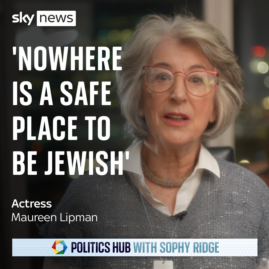 Actress Maureen Lipman has told Sky News that the UK is 'part of the global rise in anti-semitism', adding that 'nowhere is a safe place to be Jewish at the moment'. Watch the full interview on #PoliticsHub at ⏰ 7pm. Watch live: