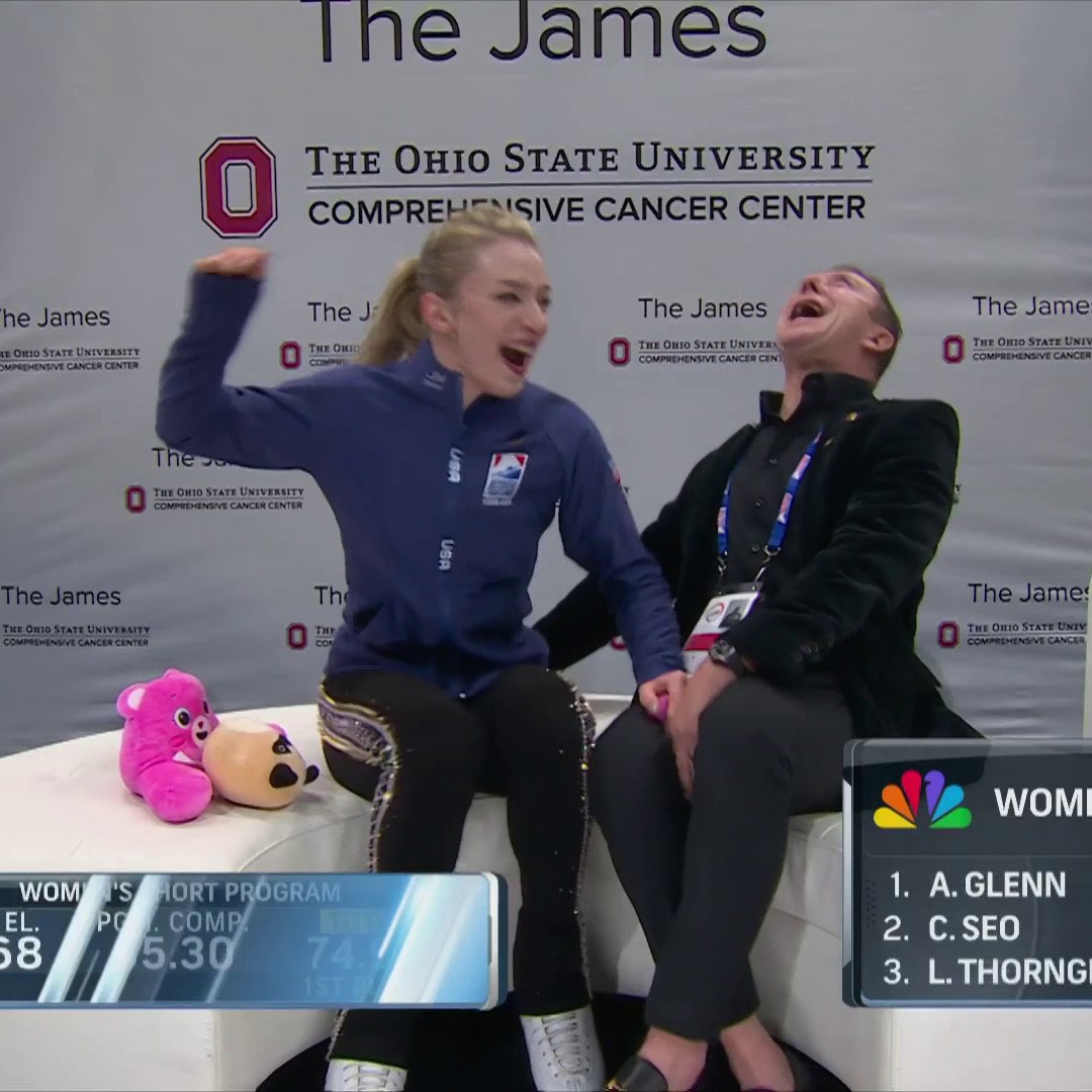 Amber Glenn's reaction to receiving her short program score. 😧😱😆🤗🥹 📺 USA Network &amp; Peacock | #PrevagenUSChamps