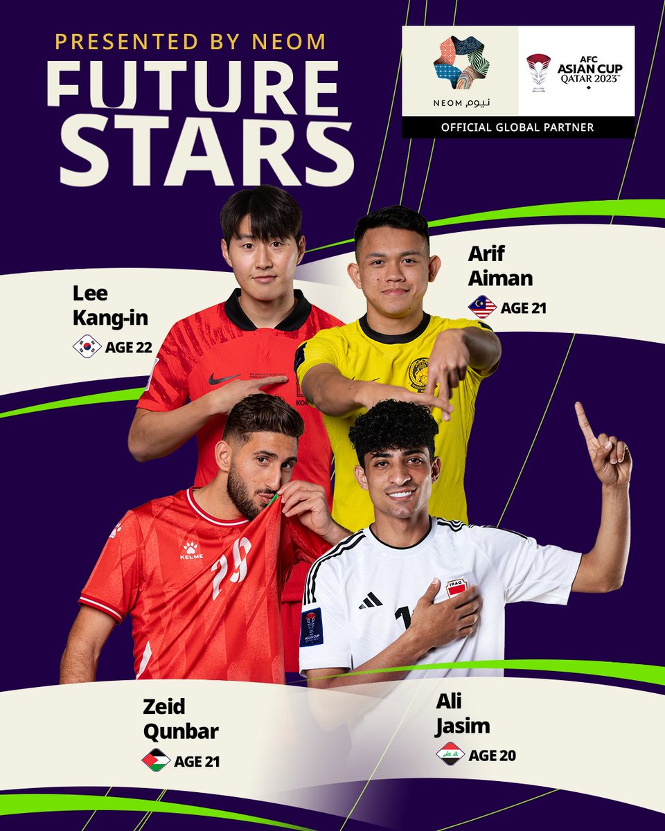 Presenting your future stars from Matchday3️⃣ of the #AsianCup2023✨ 🇲🇾 Arif Aiman 🇰🇷 Lee Kang-in 🇮🇶 Ali Jasim 🇵🇸 Zeid Qunbar NEOM | #FutureStars