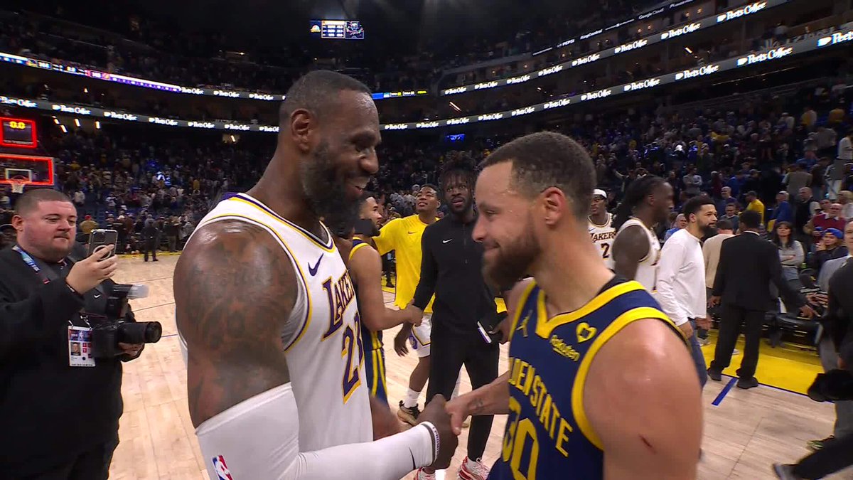 Respect after a hard-fought battle 🤝 LeBron: 36 PTS | 20 REB | 12 AST Steph: 46 PTS | 9 3PM | 7 AST Los Angeles Lakers came away with the 2OT win!