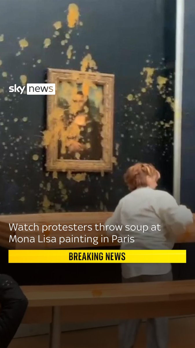 Footage shows two women crossing a boundary between the painting and the public, with one of them throwing soup towards the famous painting. Find out more: