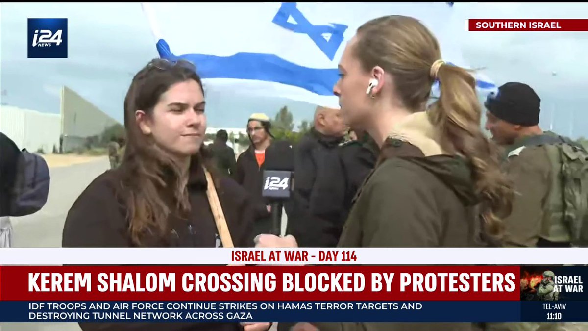 Protesters at Kerem Shalom crossing block the way to forbid supply trucks from reaching #Hamas, 'no aid goes through until the last of the abductees returns,' they say 'I don't see why Israel should be supporting Hamas,' one protester tells our Mary McAuliffe