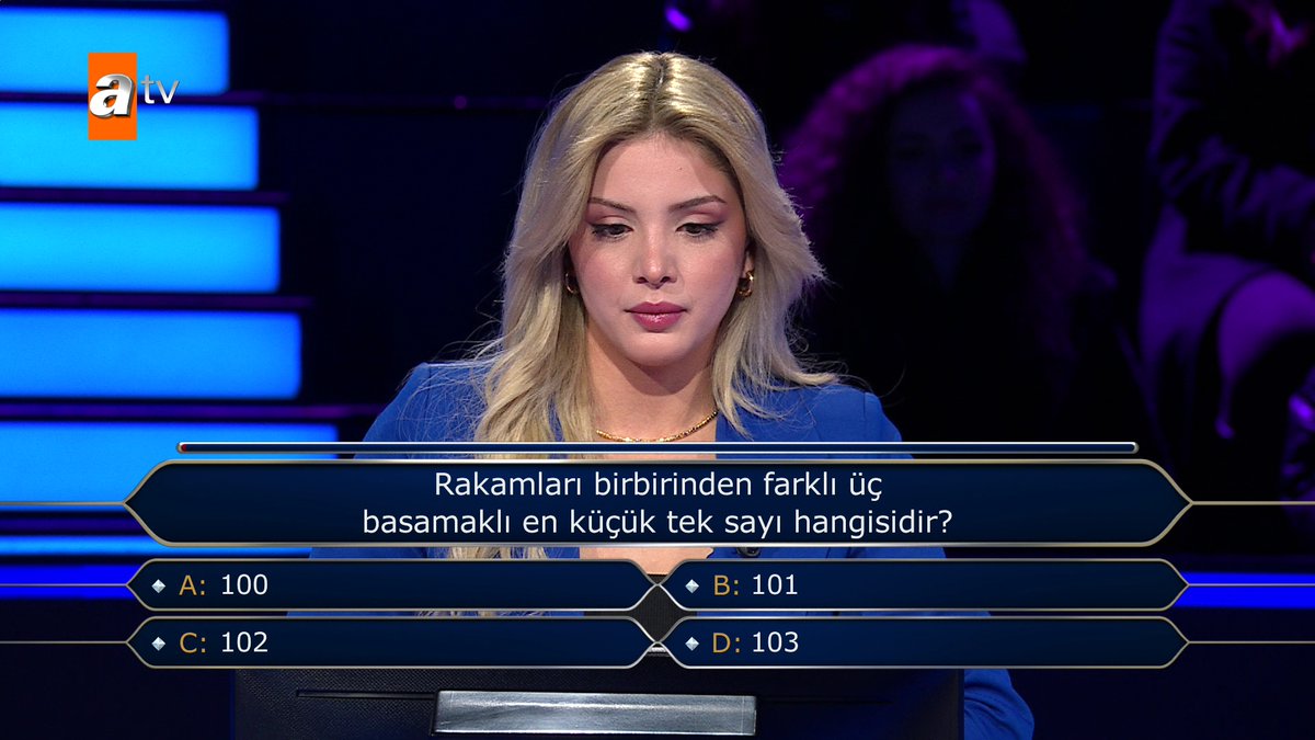 Genç yarışmacı acele karar verdi... Rakamları birbirinden farklı üç basamaklı en küçük tek sayı hangisidir? #Milyoner