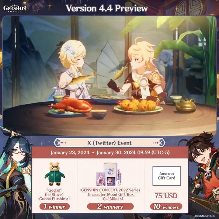 ✨Final Day✨ Version 4.4 Preview #GenshinImpact X (Twitter) Event How to Participate: ① Follow Genshin Impact ② Retweet this post And you can instantly check the event results via this link>>> #FollowGenshinImpact