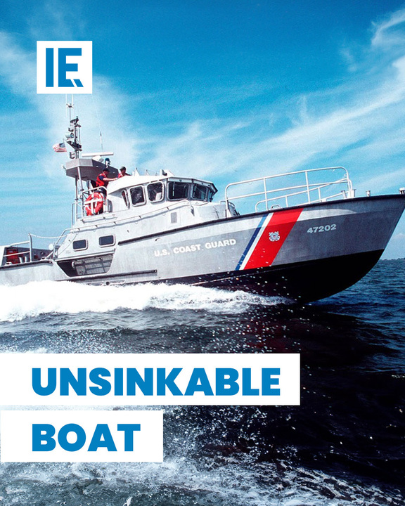 The U.S. Coast Guard's 47-foot Motor Lifeboat is unsinkable, thanks to its low center of gravity, high buoyancy, and watertight integrity, operated by surfmen trained in a rigorous 6-year program for advanced water rescue.