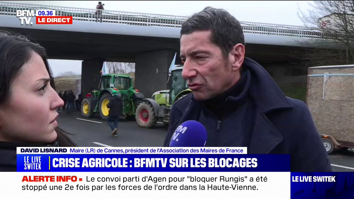 💬"La ruralité ce n'est pas un archaïsme" David Lisnard, le maire de Cannes, est présent avec les agriculteurs sur un point de blocage dans les Yvelines