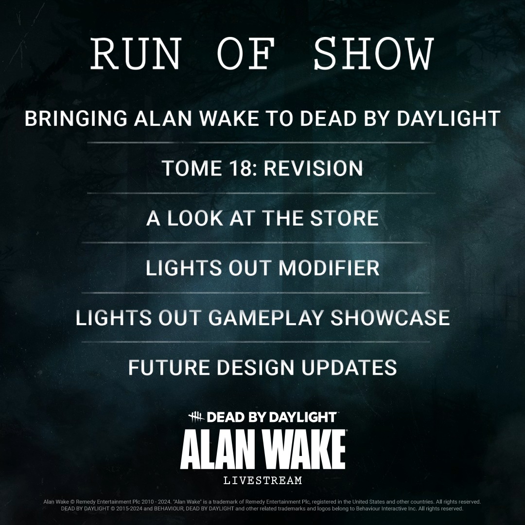 It's time to shine some light on what we have planned for the Dead by Daylight: Alan Wake livestream! 💡 Join us at 11AM ET today on Youtube and Twitch.