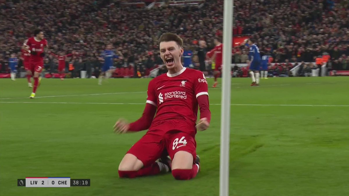 A MOMENT HE WILL 𝐍𝐄𝐕𝐄𝐑 FORGET 😱 Liverpool academy graduate Conor Bradley scores a screamer at Anfield to double their lead against Chelsea 🙌