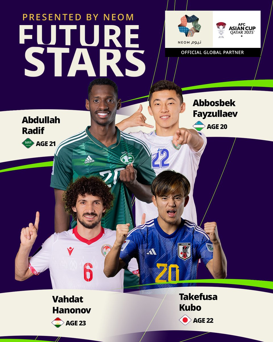 These youngsters sparkled in the round of 1️⃣6️⃣ of the #AsianCup2023🌟 🇯🇵 Takefusa Kubo 🇺🇿 Abbosbek Fayzullaev 🇸🇦 Abdullah Radif 🇹🇯 Vahdat Hanonov NEOM | #FutureStars