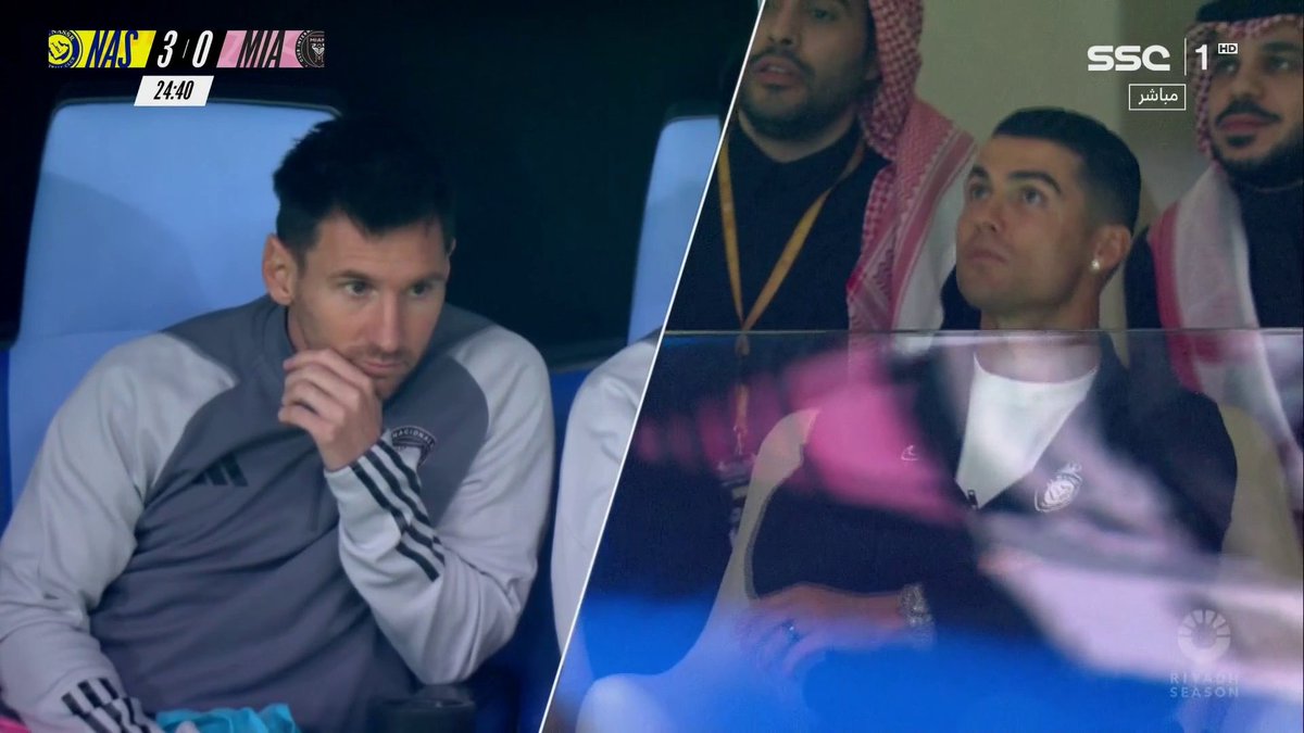 L'écran géant montre les deux 🐐 en tribunes : l'un est plus démonstratif que l'autre. 😅 AL NASSR 🇸🇦 3-0 🇺🇸 INTER MIAMI 🎥 SSC