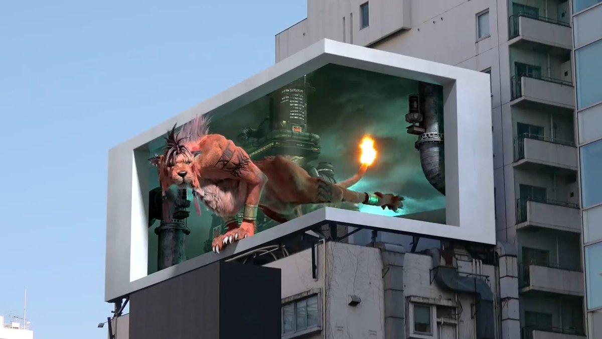 Square Enix official account tweeted such a throwback of this FF7R "3D" ad back in 2021 with Red XIII just lazying around in that space in Shinjuku 😆 I remember seeing it in person and was mindblown lol #FF7R