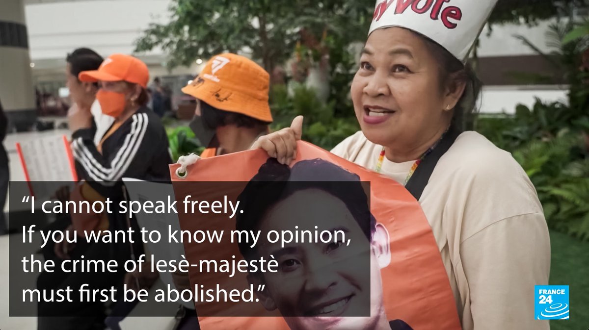 “I cannot speak freely. If you want to know my opinion, the crime of lesè-majestè must first be abolished.” A MFP Thailand supporter at the Constitutional Court after the verdict barring MFP from continuing to campaign for reform of #ม112 Story FRANCE 24