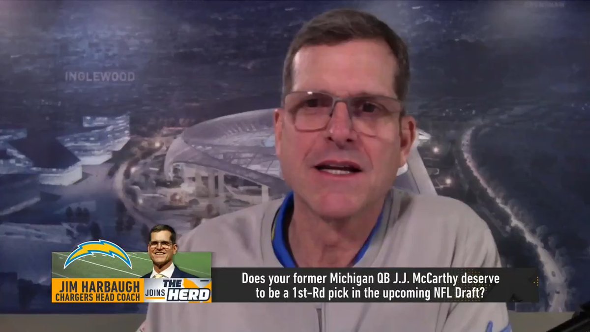 Jim Harbaugh on Michigan QB JJ McCarthy: "Don't be surprised if/when he's the number one QB off the board. That's my prediction right now." Bold statement by the new #Chargers head coach. (📽️ Herd w/Colin Cowherd)