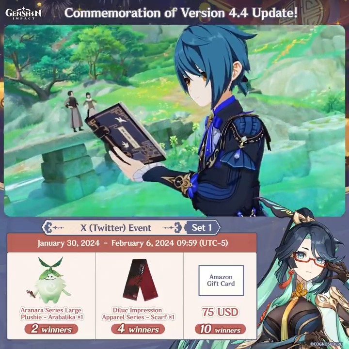 ✨Day 5✨ Commemoration of Version 4.4 Update! #GenshinImpact X (Twitter) Event - Set 1 How to Participate: ① Follow Genshin Impact ② Retweet this post And you can instantly check the event results via this link>>> #FollowGenshinImpact