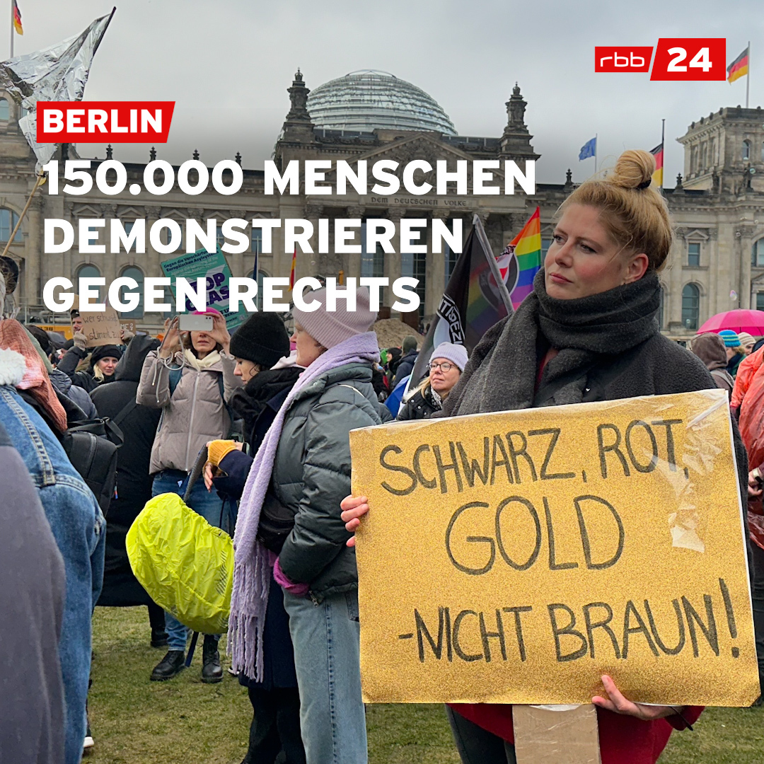 Bei einer #Großdemonstration gegen Rechts in #Berlin haben sich am Samstag nach Polizeiangaben 150.000 Menschen unter dem Motto "Wir sind die #Brandmauer" versammelt.