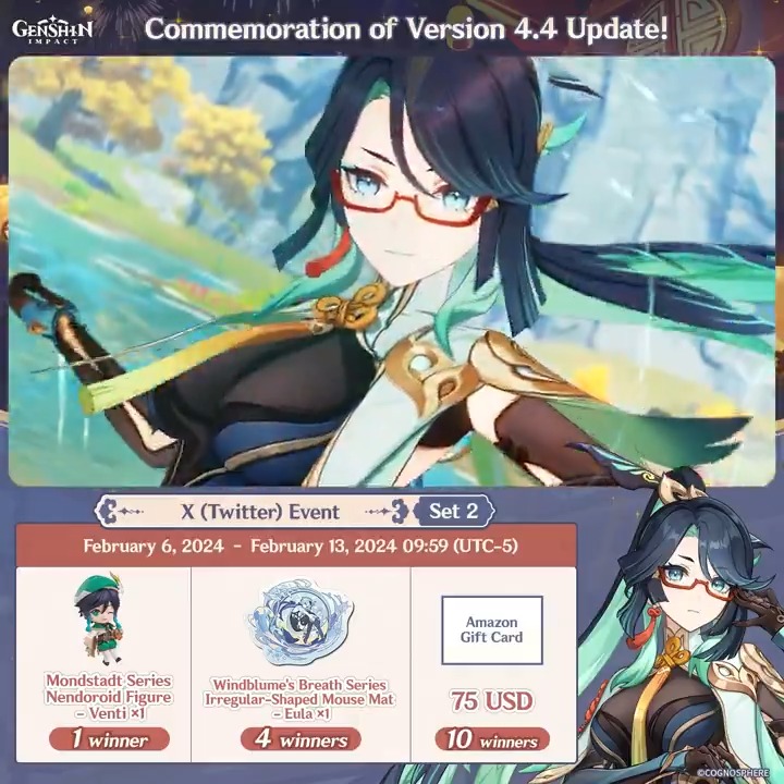 ✨Day 1✨ Commemoration of Version 4.4 Update! #GenshinImpact X (Twitter) Event - Set 2 How to Participate: ① Follow Genshin Impact ② Retweet this post And you can instantly check the event results via this link>>> #FollowGenshinImpact