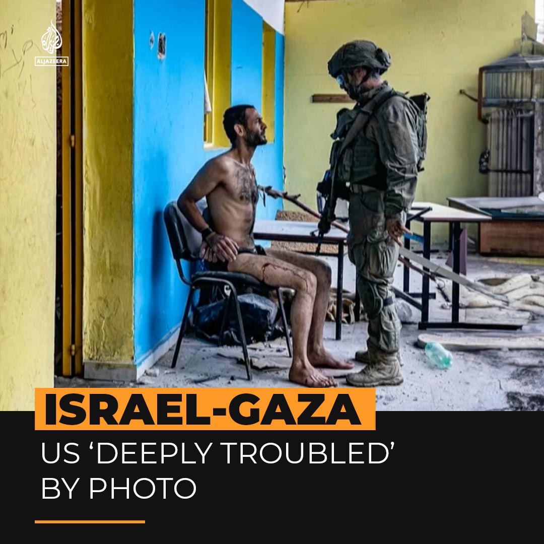 The US State Department says a photo of an Israeli soldier standing over a stripped and wounded Palestinian in Gaza is 'deeply troubling' ⤵️