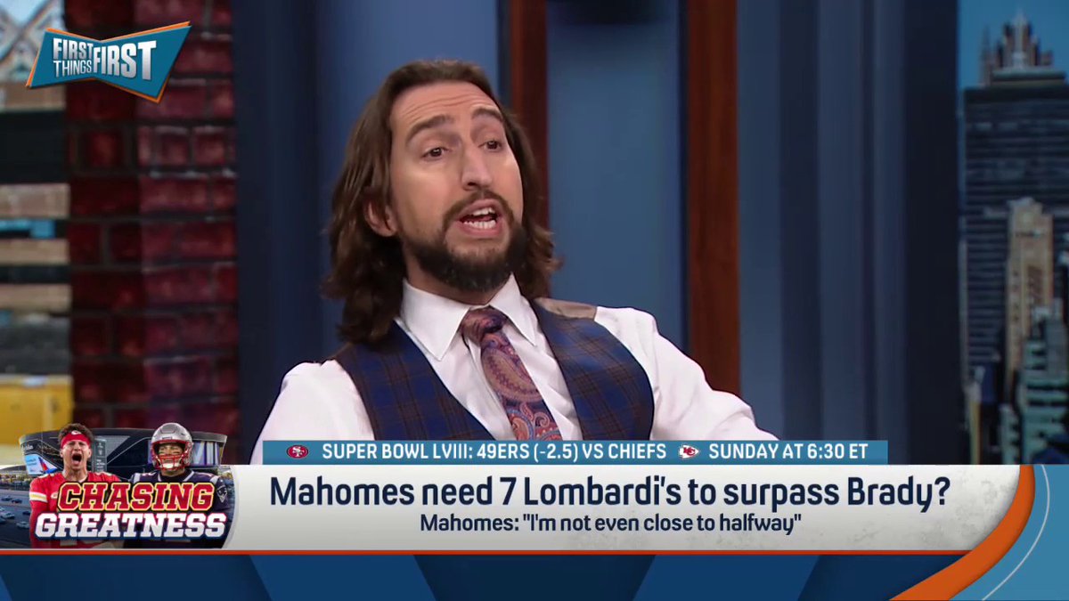 Does Mahomes need 7 Lombardi’s to surpass Brady? "To be in the conversation you need 3 things: jewelry, stats &amp; the eye test. Patrick Mahomes needs more than 2 but he does not need more than 7." — nick wright